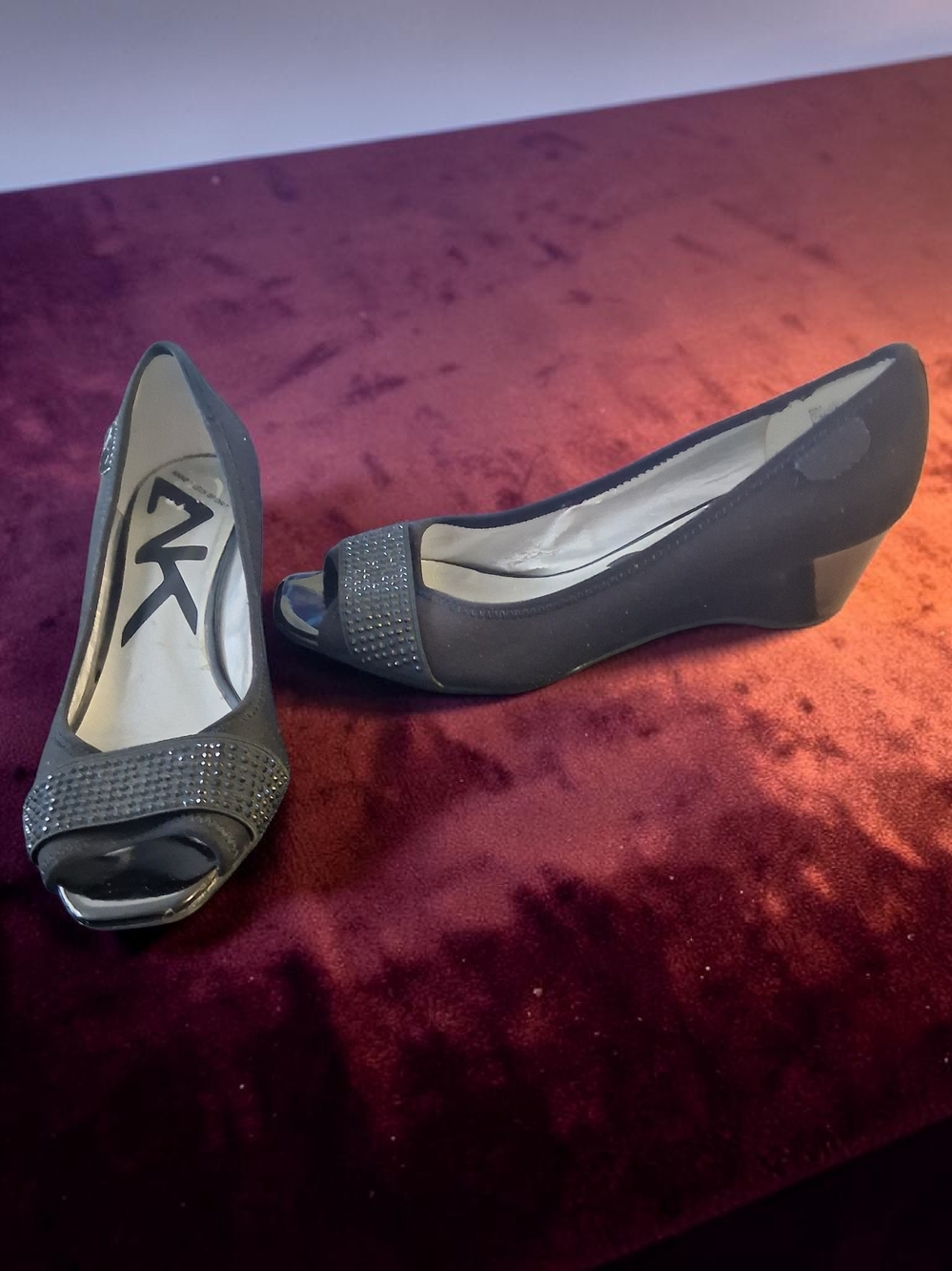 Anne Klein Black Peep-Toe Wedge Espadrilles with Embellished Toe
